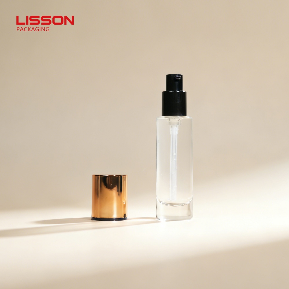 30ml Round Clear Cosmetic Glass Lotion Bottle with Gold Cap