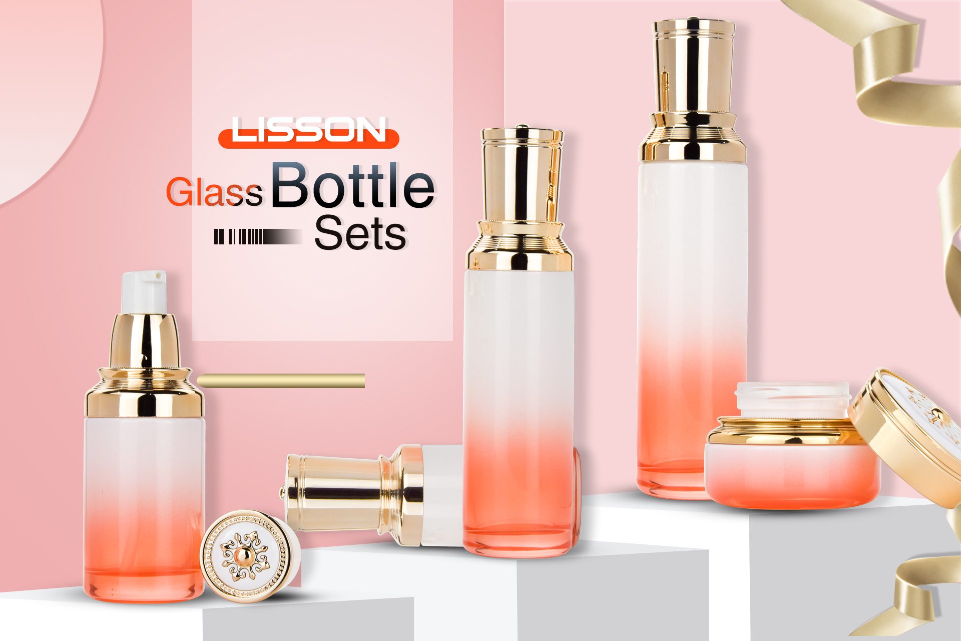 Luxury Gradient Pink Glass Cosmetic Bottle Jar Packaging Set